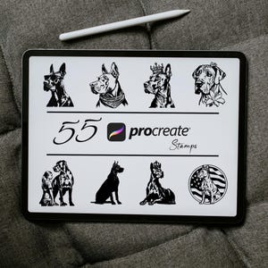 May include: A digital tablet screen displaying 55 black and white illustrations of dogs in various poses. The text "55 procreate Stamps" is displayed on the screen.