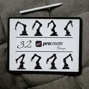 May include: A digital illustration of 32 black robotic arms in various positions. The illustration is labeled "32 Procreate Stamps".