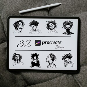 May include: A digital illustration of 32 black and white stamps for Procreate featuring different styles of men with dreadlocks. The text "32 Procreate Stamps" is displayed on the image.