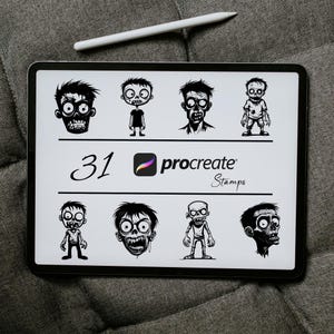 Może przedstawiać: Cyfrowa ilustracja 31 znaczków zombie do Procreate. Znaczek przedstawia różne postacie zombie w czerni i bieli.