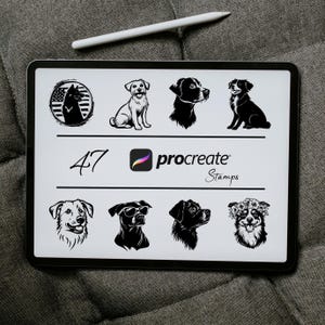 May include: A digital tablet screen displaying 47 black and white dog illustrations. The illustrations are in a grid format and include a variety of dog breeds. The text "procreate" and "Stamps" is displayed on the screen.