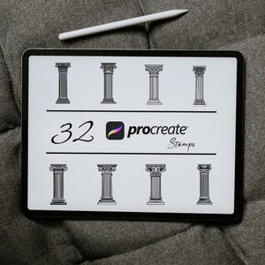 May include: A digital tablet screen displaying 32 black and white Procreate stamps of different styles of columns. The text "32 Procreate Stamps" is displayed on the screen.