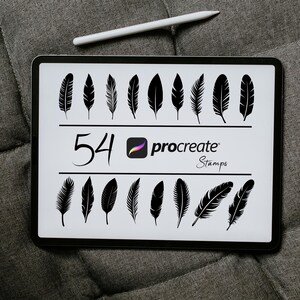 May include: A digital tablet screen displaying 54 black feather stamps for use with the Procreate app. The text "54 procreate stamps" is displayed on the screen.