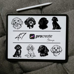 May include: A digital illustration of 47 black and white dog stamps for the Procreate app. The stamps feature various dog breeds in different poses, including sitting, standing, and looking to the side.