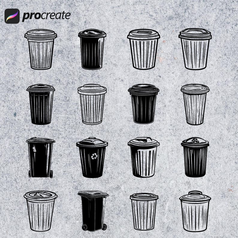 Trash Can Procreate Stamps: Garbage Bins Brush Set (digital Download ...
