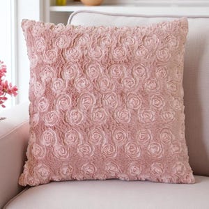 Blush Pink Rose Throw Pillow Cover 18 x 18, Chenille Flower Accent Pillow for Sofa, Pink Textured Couch Cushion Cover, Plush Home Decor