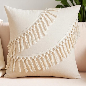 Boho Fringed Cream Cushion Cover, Luxury Beige Couch Pillows, Neutral Throw Pillow Covers 18 x 18 for Sofa or Living Room Decor