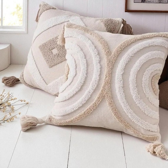 Neutral Boho Throw Pillow Cover With Tassels – Beige, Cream Tufted