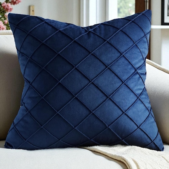 Navy Blue Velvet Pillow Cover, Diamond Textured Throw Pillow for - Main Image
