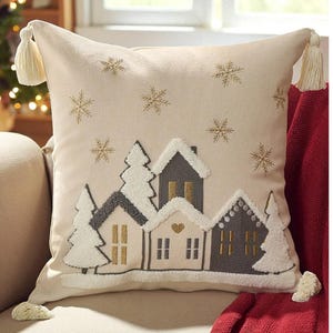 Christmas Embroidered Pillow Cover 18x18 12x20 , Holiday House Embroidered Throw Pillow with Tassels,  Snowflake Accent Cushion Cover