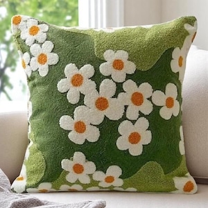Capa de Almofada Bordada Daisy, Almofada com Acentos Florais para Sofá, Almofada Verde para Sofá, Almofada Boho Chic, Capa de Fronha de Primavera
