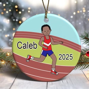 Running / Track Boy Personalized Christmas Ornament - your choice of skin & hair color