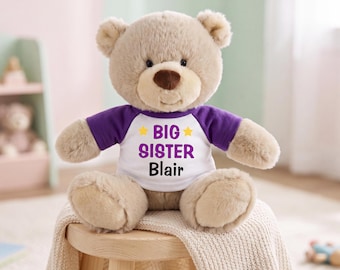 Personalized Big Sister Teddy Bear - 10 inch Tan Nuzzles Bear - 3 Shirt Colors Available