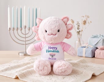 Personalized Hanukkah Axolotyl - 12 Inch Plush Tumbletoes Axolotyl - Happy Hanukkah or My First Hannukah Design