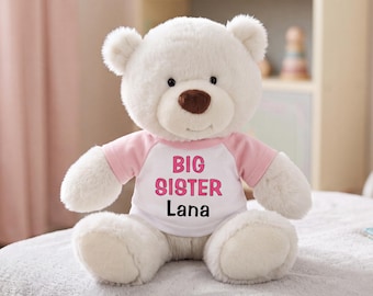 Personalized Big Sister Teddy Bear - 10 inch White Nuzzles Bear - 3 Shirt Colors Available