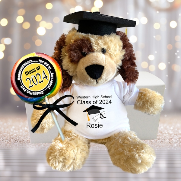 Personalized Graduation Dog Gift Set - 12" Plush Spotty Dog - Class of 2024 (or any year)