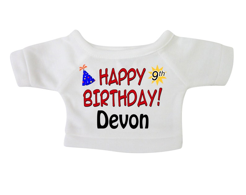 May include: White t-shirt with a red "Happy Birthday!" message, a blue party hat, a yellow sun with "9th" on it, and the name "Devon" in black.