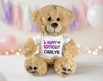 Happy Birthday Teddy Bear Personalized with Name & Age - 14 Inch Honey Bear - Choice of Design Colors