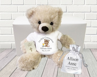 Personalized First Communion Teddy Bear Gift Set - 14" Fuzzy Cream Bear - choose from variety of shirt designs