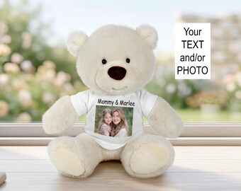 Personalized Teddy Bear with your Photo and/or Text - Small White Nuzzles Bear, 10 Inches