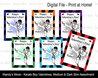 Karate / Martial Arts Boy Valentines - Medium & Dark Skin Assortment - Digital File, Print at home Valentine Cards