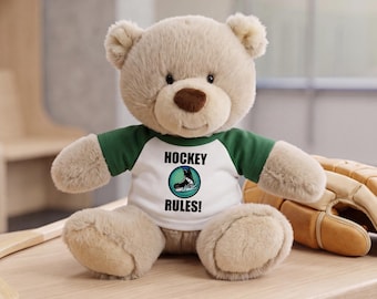 Personalized Ice Hockey Teddy Bear - 10 Inch Tan Nuzzles Bear - Choose Shirt Color, Customize Front Text, add Name & Number to Back