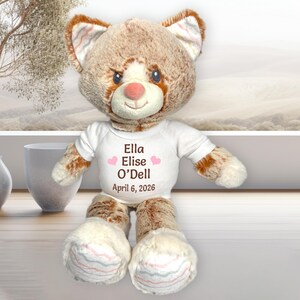 May include: A plush cat-shaped stuffed animal with brown and white fur, wearing a white t-shirt. The shirt has the name "Ella Elise O'Dell" and the date "April 6, 2026" printed on it, along with two pink hearts.