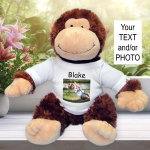 May include: Brown plush monkey wearing a white t-shirt with a photo of a boy on a swing set and the name "Blake" printed on the shirt.