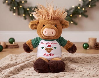Personalized Christmas Scottish Highland Cow - 12 inch Plush