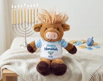 Personalized Hanukkah Scottish Highland Cow - 12 Inch Plush, Happy Hanukkah or My First Hanukkah Design, Personalized with Name