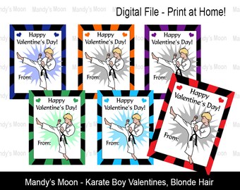 Karate / Martial Arts Boy Valentines - Blonde Hair - Digital File, Print at home Valentine Cards