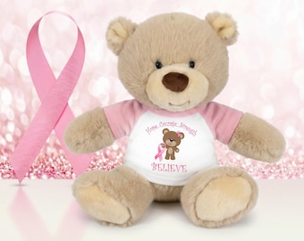 Breast Cancer Support Teddy Bear - Personalized 10" Tan Nuzzles Bear - Believe or Survivor Design