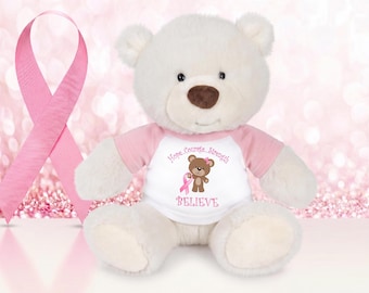 Breast Cancer Support Teddy Bear - Personalized 10" White Nuzzles Bear - Believe or Survivor Design
