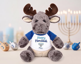 Personalized Hanukkah Moose - 11 Inch Milo Moose - Happy Hanukkah or My First Hanukkah Design
