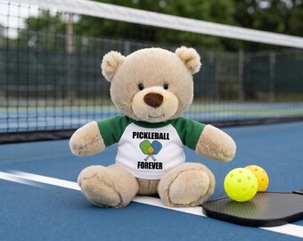 Pickleball Teddy Bear - 10 inch Tan Nuzzles Bear - Paddle Design -  Personalized w/custom text on front & name on back