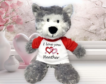 Personalized Valentine Wolf / Husky Dog - 12 inch Plush with Love Heart Design