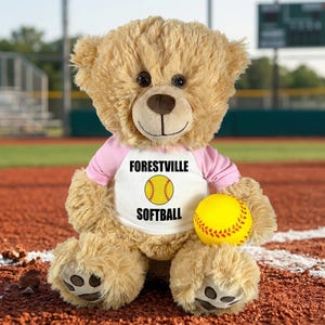 May include: A plush teddy bear wearing a pink and white shirt with "FORESTVILLE SOFTBALL" printed on it, holding a yellow softball. The bear is sitting on a red clay baseball field.