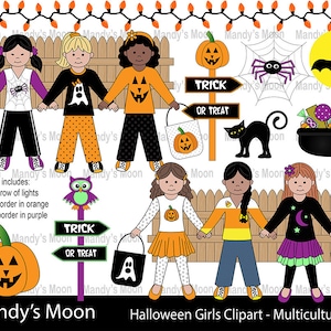 Halloween Girls Clipart Set, Multicultural Girls - Personal and Nonprofit Use - Instant Download