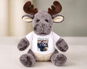 Personalized Stuffed Moose with your Photo and/or Text - 11 Inch Plush Milo Moose