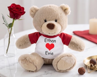 Personalized Valentine Love Heart Teddy Bear - 10 Inch Tan Nuzzles Bear - Single or interlocking hearts design