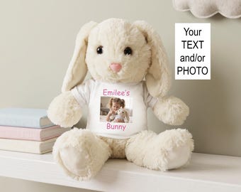 Personalized Stuffed Bunny Rabbit with your Photo and/or Text - 13 inch Plush, White