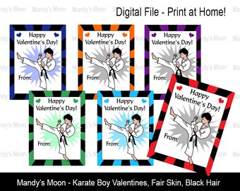 Karate / Martial Arts Boy Valentines - Black Hair, Fair Skin - Digital File, Print at home Valentine Cards