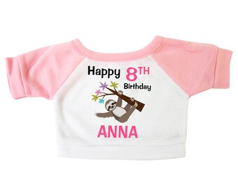 Personalized Happy Birthday Sloth T-Shirt (Pink) for 12-14" Teddy Bears or Stuffed Animals