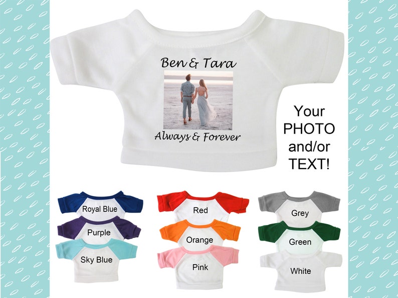 May include: White t-shirt with short sleeves, featuring a photo of a couple on a beach and the text "Ben & Tara Always & Forever". The t-shirt is available in 10 colors: royal blue, red, grey, purple, orange, green, sky blue, pink, and white.