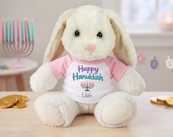 Personalized Hanukkah Bunny - 13 Inch Plush White Rabbit - Happy Hanukkah or My First Hanukkah Design