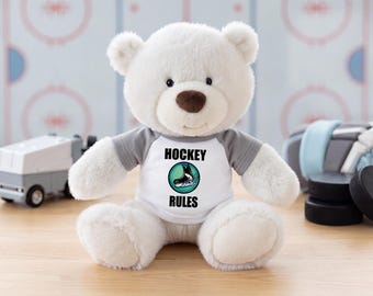 Personalized Ice Hockey Teddy Bear - 10 Inch White Nuzzles Bear - Choose Shirt Color, Customize Front Text, add Name & Number to Back