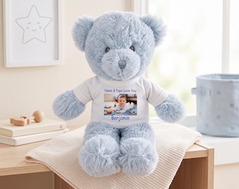 Personalized Teddy Bear with your Photo and/or Text - 12 Inch Blue Baby Bear