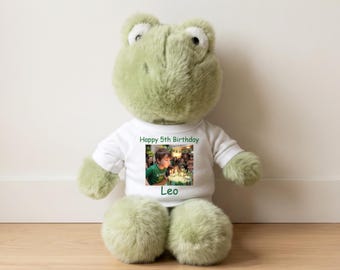 Personalized Stuffed Frog with your Photo and/or Text - 10 inch Plush Forget Me Not Frog