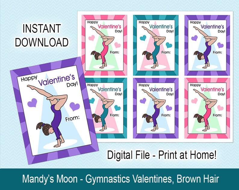 Gymnastics Valentines - Handstand Design, Brown Hair - Digital File ...