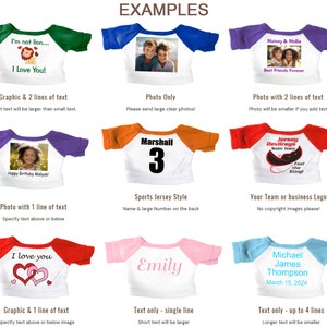May include: A collage of ten different t-shirt designs for customizing with photos, graphics, and text. The designs include a lion graphic, a photo of two children, a photo of a girl, a sports jersey, a team logo, a heart graphic, a single line of text, and a multi-line text design.